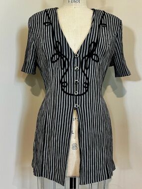 VTG 90s Striped SS Blazer Black Gray Rayon Miss Dorby Western Cowgirl Sz L/XL